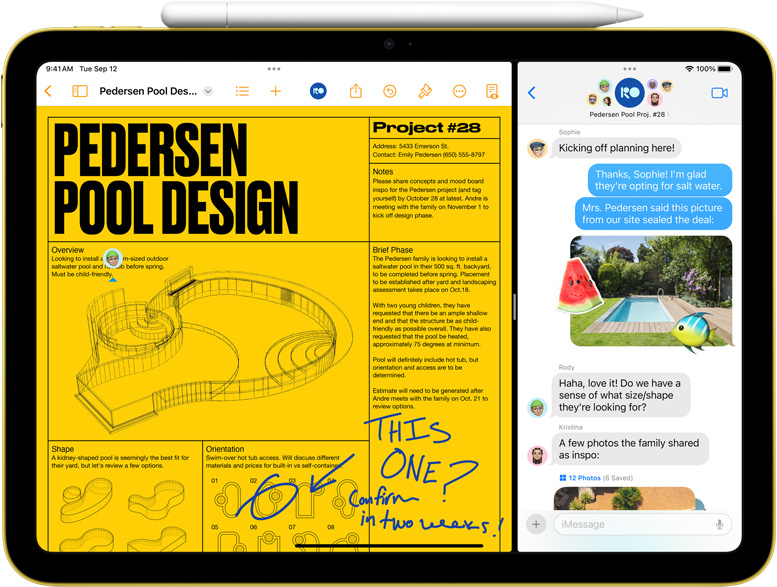 Ecran iPad cu două imagini ale aplicațiilor Pages și Mesaje