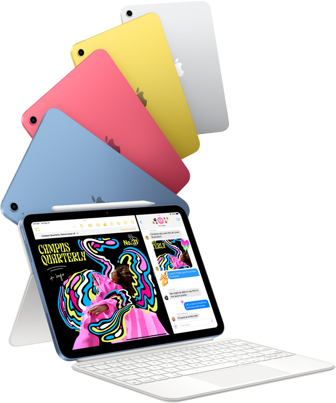 Sinist, roosat, kollast ja hõbedast värvi iPad ja üks iPadidest on ühendatud Magic Keyboard Folioga.