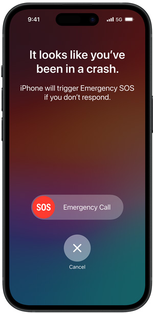 Layar Deteksi Tabrakan menampilkan tulisan "It looks like you've been in a crash. iPhone will trigger Emergency SOS if you don't respond"