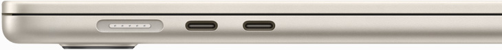 Vista frontal do MacBook Air a mostrar uma porta MagSafe e duas Thunderbolt